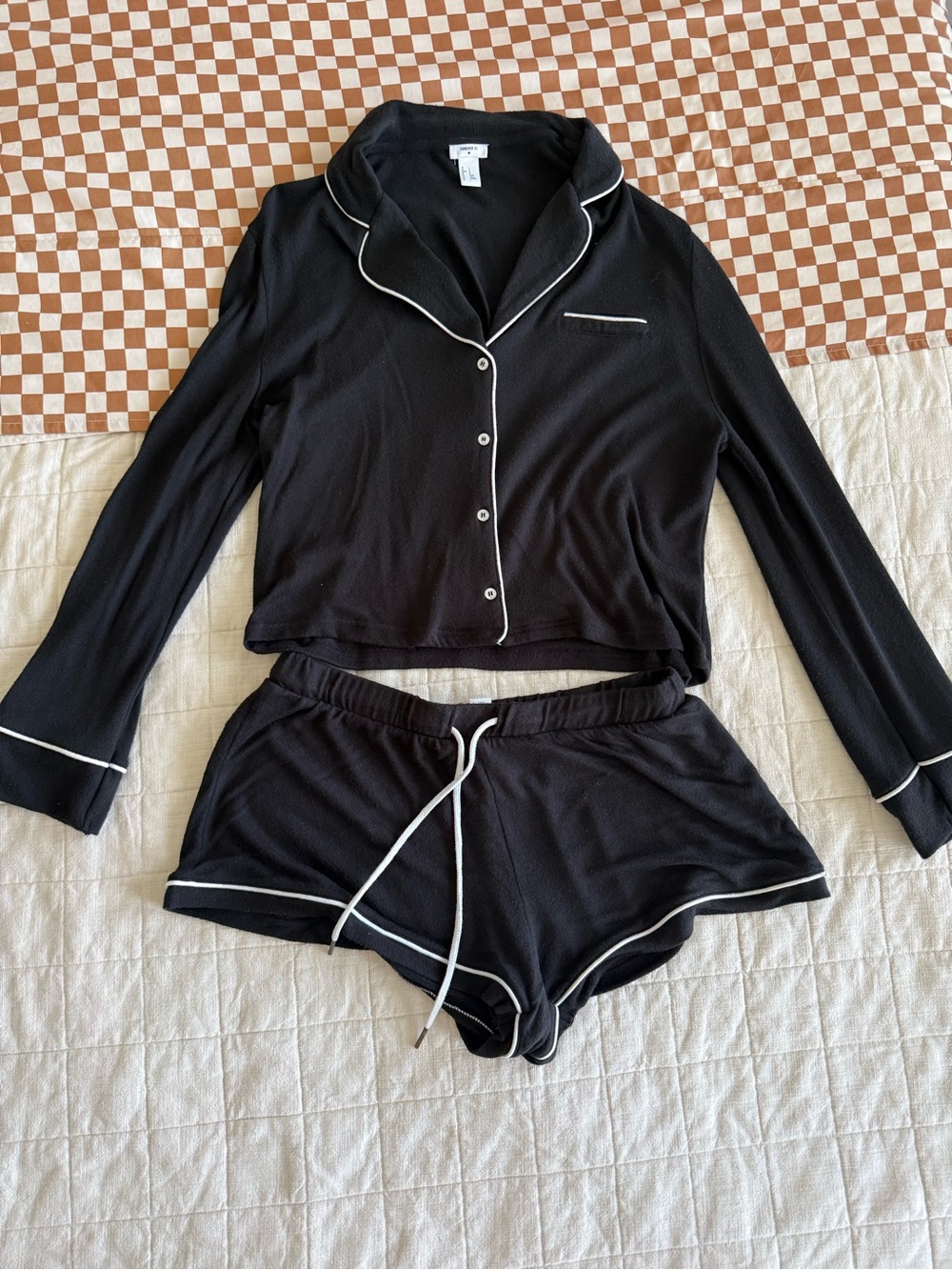 Forever 21 Black Pajama Set with White Piping